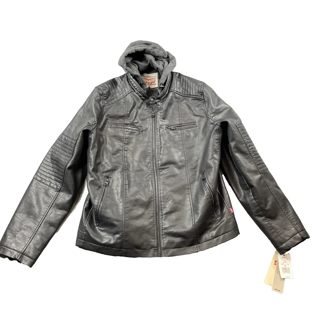 Men's Levi's Black Faux‎ Leather Hooded Racer Jacket XL NWT
